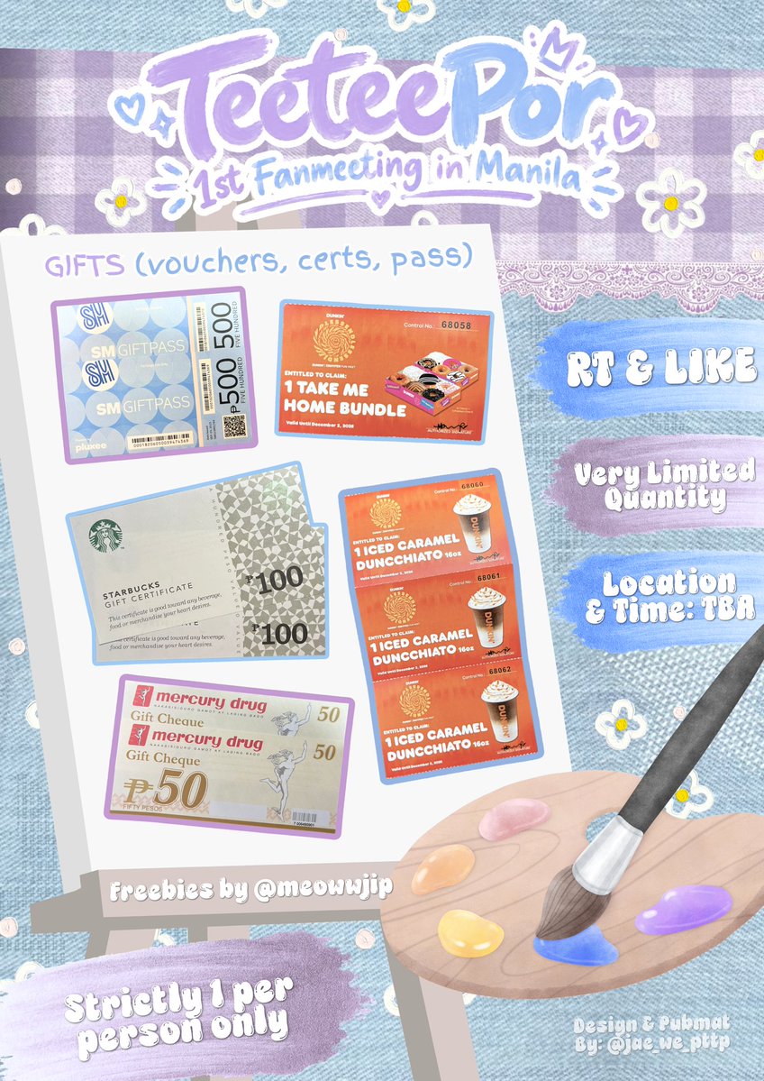 meowwjip's tweet photo. TEETEEPOR 1st FANMEETING IN MANILA FREEBIES by @meowwjip 

– 1:1 very limited 
– like &amp; rt
– open for onsite trades
– loc : TBA

designed by: @jae_we_pttp 💜🩵

#TeeteePorFMinManila #twnpich #porsuppakarn #teeteepor https://t.co/FSC7ERwSZv