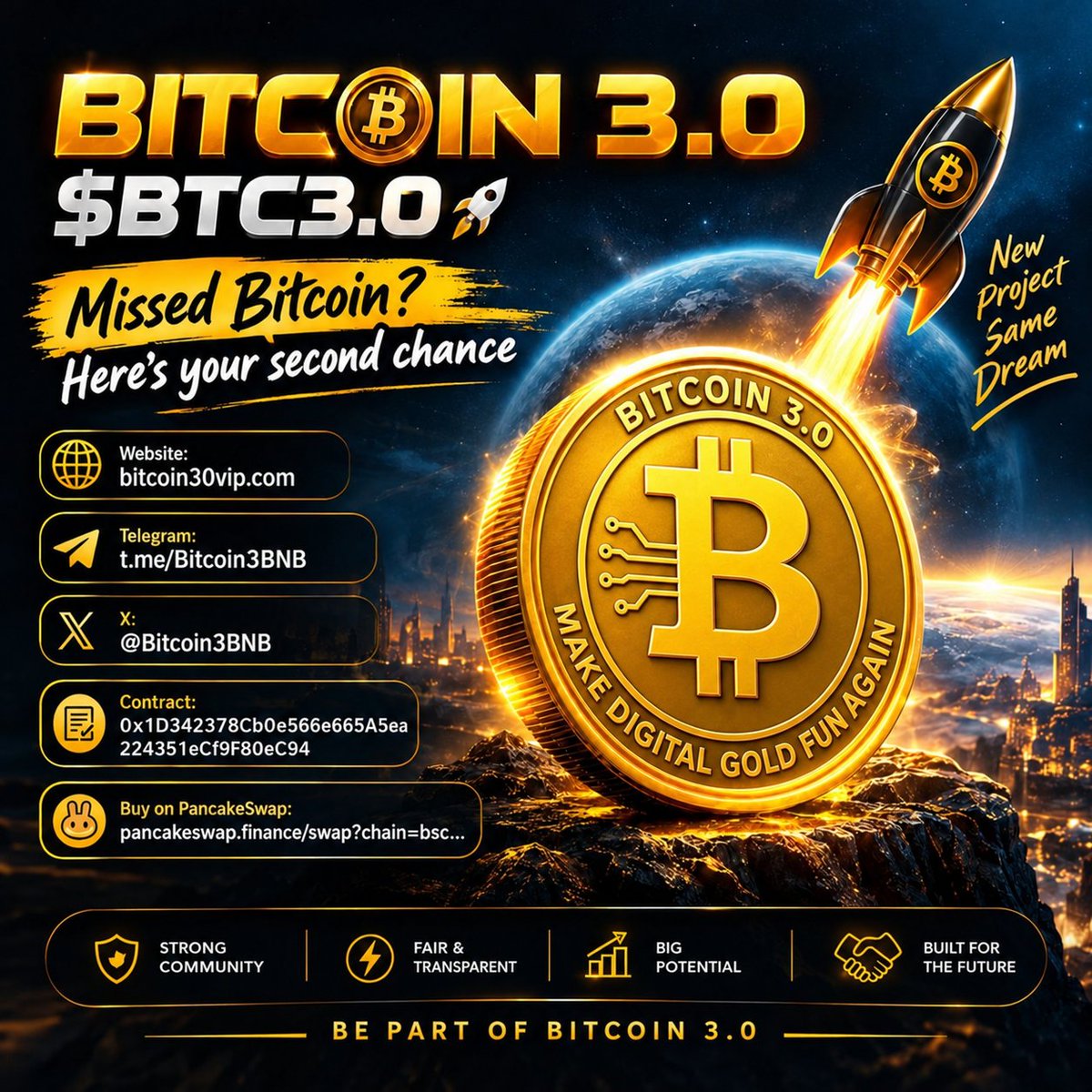 Bitcoin3BNB's tweet photo. 🚀 BITCOIN 3.0 ($BTC3.0) — FREE GIVEAWAY! 🎉

🎁 30 BTC3.0 to be distributed within 8 hours!
💰 1 BTC3.0 per eligible participant

✅ How to Participate:
❤️ Like this post
🔁 Repost &amp; Share
📲 Join Telegram: https://t.co/68vMPnbB2R

#BTC3  #Giveaway #BSC #BNBChain  #BNB https://t.co/GzZBLCCCB0