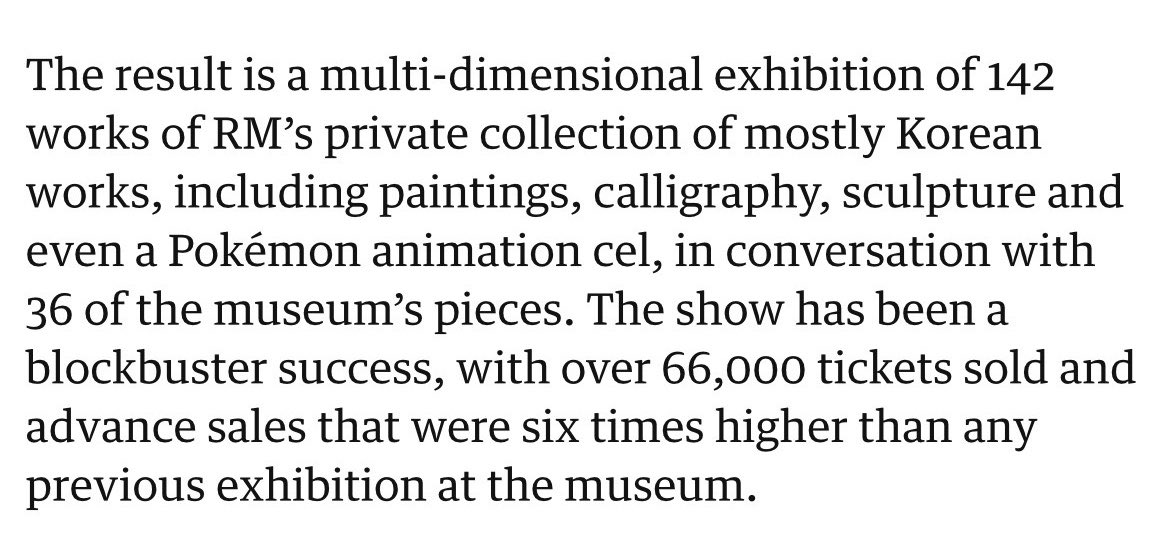 lvf1940671's tweet photo. we need to be loud about this: 
Namjoon sold 66,000+ tickets for his RM x SFMOMA exhibition (6x higher than usual) and the merch sold out in just few hours. He did this alone and it became a huge success for the museum. This just shows how impactful and loved he is. https://t.co/71Md2shKG9