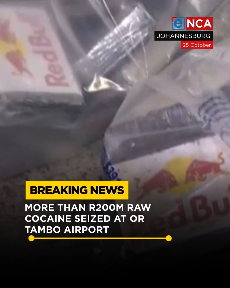 eNCA's tweet photo. More than R200-million worth of raw cocaine has been seized at OR Tambo International Airport. The drugs arrived on a flight from São Paulo, Brazil. More on #DStv403. https://t.co/i3sZzTPVty