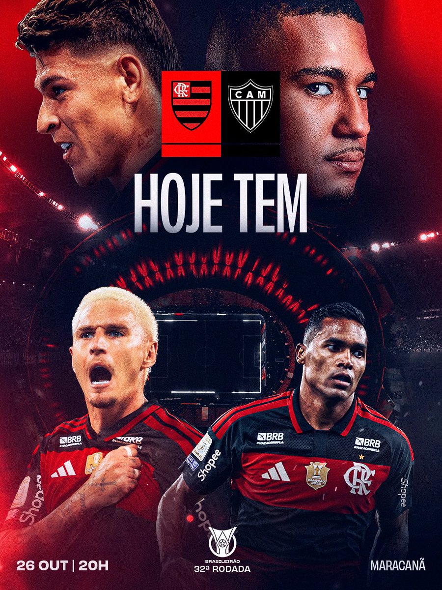 Flamengo's tweet photo. SEGUNDA-FEIRA DE MENGÃO EM CAMPO! A SEMANA COMEÇA COM O CLUBE DE REGATAS DO FLAMENGO EM MAIS UM DUELO PELO BRASILEIRÃO!

O Mais Querido enfrenta o Atlético Mineiro, às 20h, no Maracanã, pela 32ª rodada do Campeonato Brasileiro!

VAAAMMMMOOOSSSSS, FLAMENGOOOOO! 🔴⚫️

#HojeTem #FLAxCAM