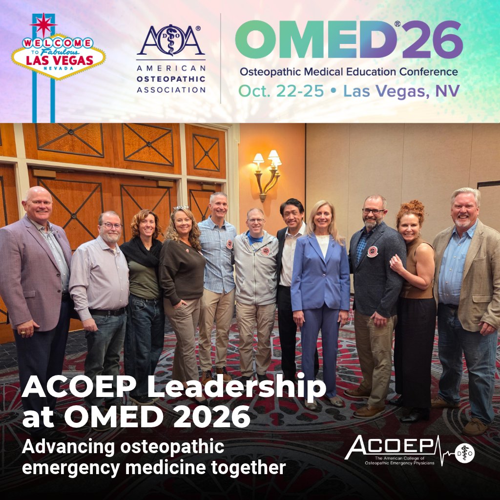 ACOEP's tweet photo. A productive week for ACOEP leadership at #OMED2026. Our Board of Directors met, and we sat down with leaders from the AOA and AOBEM to talk about how we can keep advancing osteopathic emergency medicine together. 🤝

#ACOEP #OsteopathicMedicine #EmergencyMedicine https://t.co/2Dlmsun3Aq