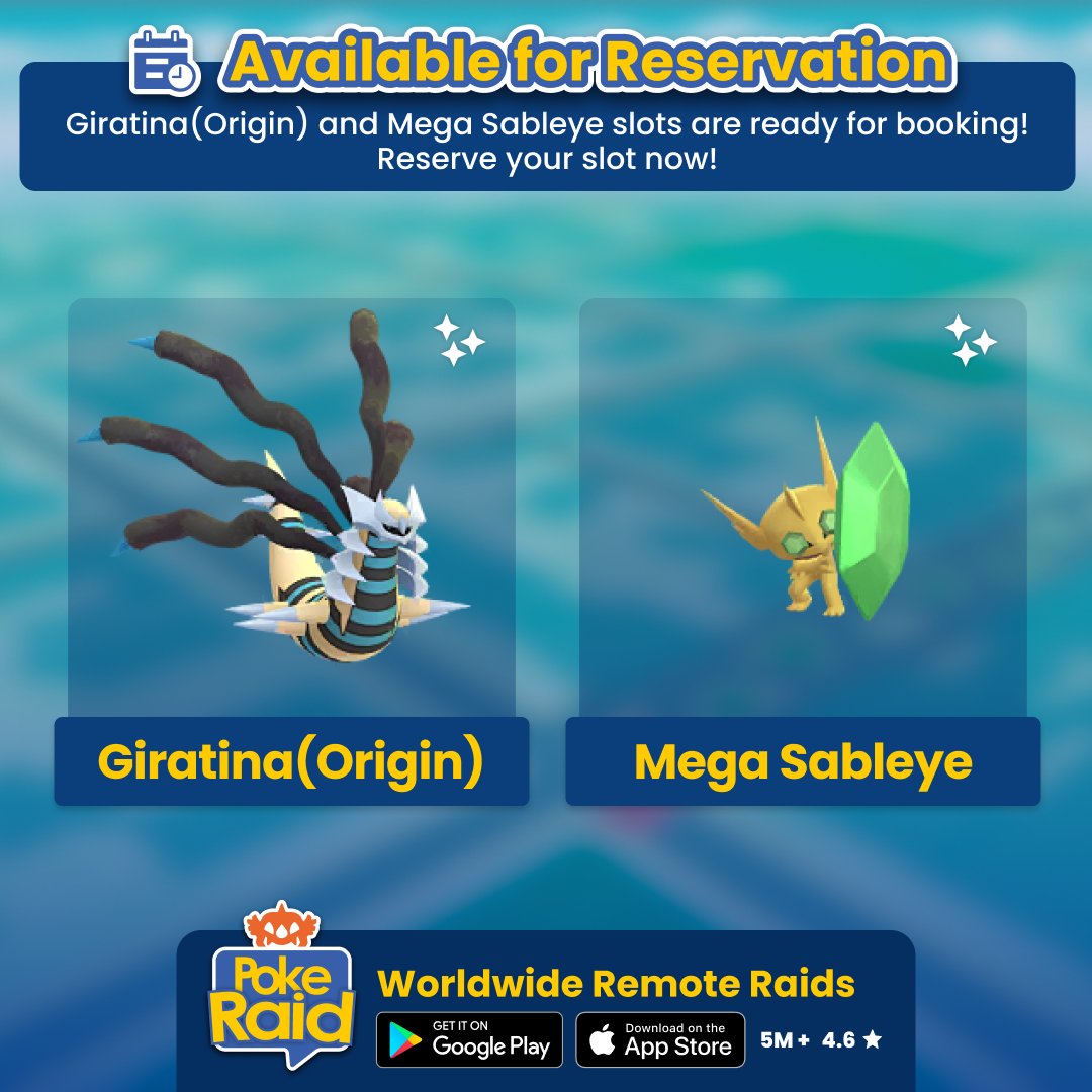 PokeRaidApp's tweet photo. #Giratina (Origin) and #MegaSableye slots are now available for reservation. Visit the "Bookings" tab on the #PokeRaidApp to book your slot now! Check out how room reservation works:  https://t.co/kCpcusWHxL                

Find #PokemonGOfriends easily with PokeRaid!           

 📲 Download link in bio!  

#Sableye