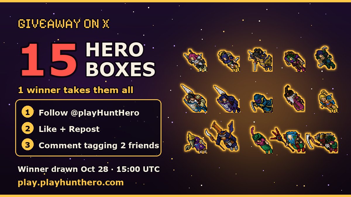 playHuntHero's tweet photo. 🎁 GIVEAWAY: 15 HEROES!

1 winner takes all 15 Hero Boxes ⚔️

To enter:
1️⃣ Follow @playHuntHero
2️⃣ Like + Repost this post
3️⃣ Comment tagging 2 friends

Winner drawn Oct 28, 15:00 UTC and announced here. The winner sends their game wallet by DM.

https://t.co/95vLbELxQk https://t.co/Zg0UrFOhhU