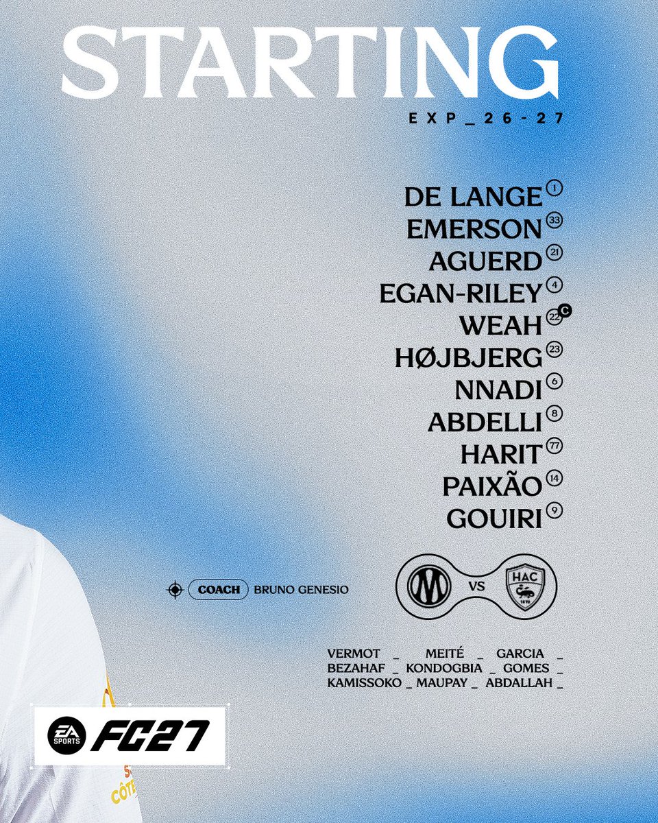 OM_Officiel's tweet photo. 📋 Le 𝐗𝐈 𝐃𝐄 𝐃𝐄𝐏𝐀𝐑𝐓 de Bruno Genesio pour affronter le Havre ⚔️ #OMHAC https://t.co/fNyxS0TwrZ