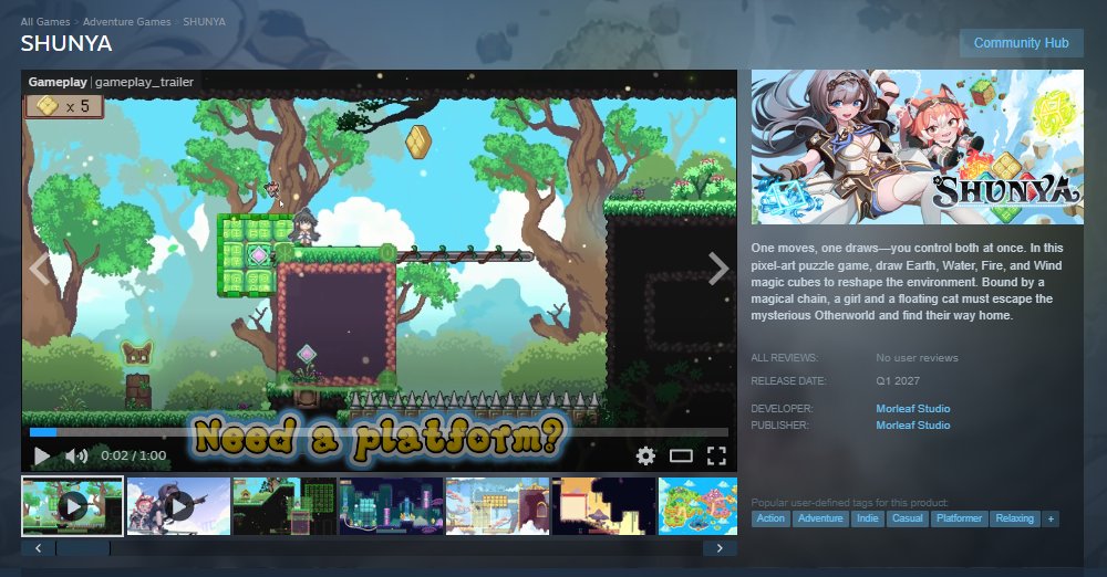 MorleafStudio's tweet photo. Updated SHUNYA's Steam capsule! 🎨

Smaller characters, bigger focus on the 4 elemental cubes! 🌱💧🔥🌪️

Does the new design show the gameplay better? 👀

#ShowMeSunday #IndieGame #IndieDev https://t.co/RLccWVOQM9