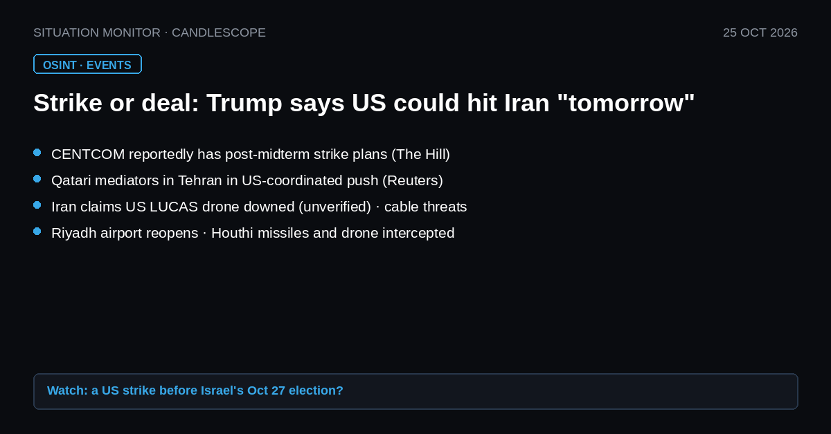 candlescope_sm's tweet photo. 🛰️ EVENTS · Iran · 25 Oct

Strike or deal: Trump says the US could hit Iran "tomorrow" or strike a "big, beautiful" deal, while Qatari mediators are in Tehran.

▸ CENTCOM reportedly has plans for renewed strikes, focused after the Nov 3 midterms (The Hill, via Al Jazeera)
▸ Iran's army says it downed a US LUCAS drone over Bandar Abbas (unverified); IRGC vows "apocalyptic war" if attacked
▸ Iranian officials name 7+ undersea internet cables under Hormuz and US-linked Gulf data centers as possible targets (Reuters)
▸ Riyadh airport reopens T1/T2 after Saudi defenses intercept Houthi missiles and a drone (AP)

📌 Watch next: any US move before Israel's election Tue (Oct 27), and oil at the Sunday open

Situation Monitor · CandleScope
#OSINT #Iran #Hormuz #Oil