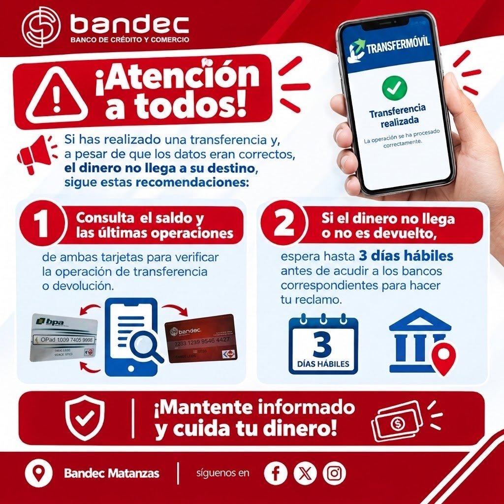 bandecmatanzas's tweet photo. ⚠️ ¿Realizaste una transferencia y el dinero aún no llega a su destino? 💳📲¡Mantén la calma y verifica antes de reclamar! 👇
📣Desde #Bandec #Matanzas te recomendamos consultar el saldo y las últimas operaciones, tanto de tu tarjeta como de la del beneficiario.
Siga el hilo https://t.co/6ethjll8PR