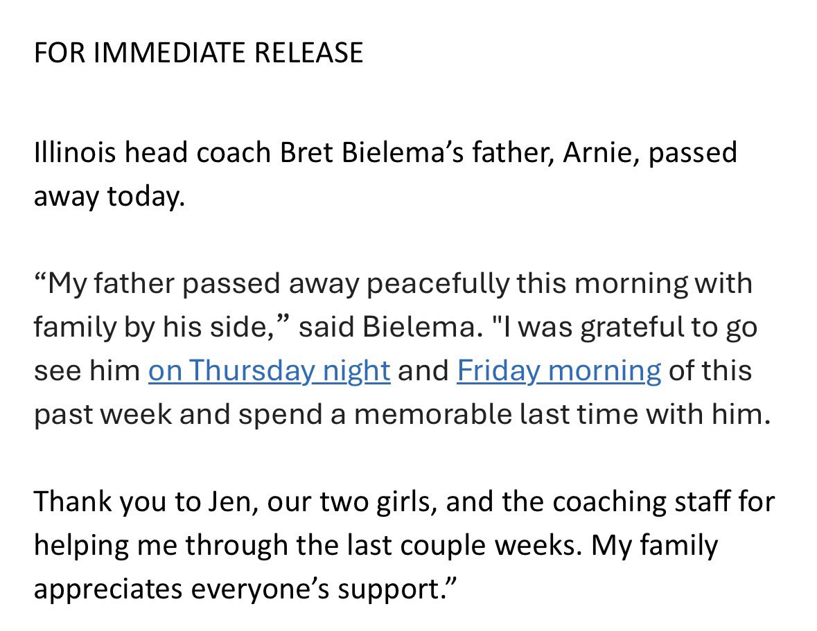 glenn_kinley's tweet photo. Bret Bielema’s dad, Arnie, passed away today.

A statement shared by Illinois Athletics: https://t.co/hc55qekftv
