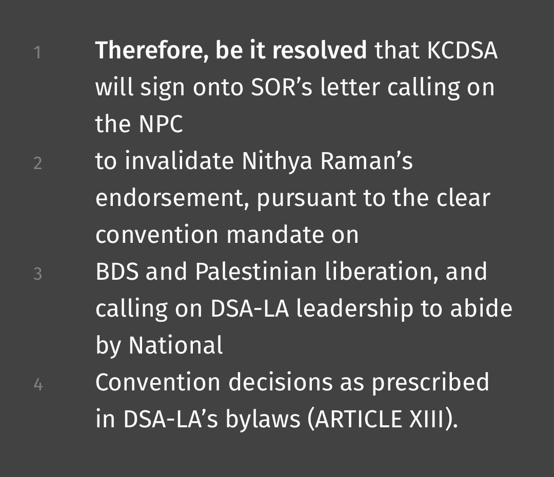 kansascitydsa's tweet photo. Yesterday at our chapter meeting we voted to sign onto SoRs letter calling on the NPC to invalidate @dsa_losangeles endorsement of self-described capitalist @nithyavraman. Free Palestine 🇵🇸🌹 https://t.co/AYGT1T1d21
