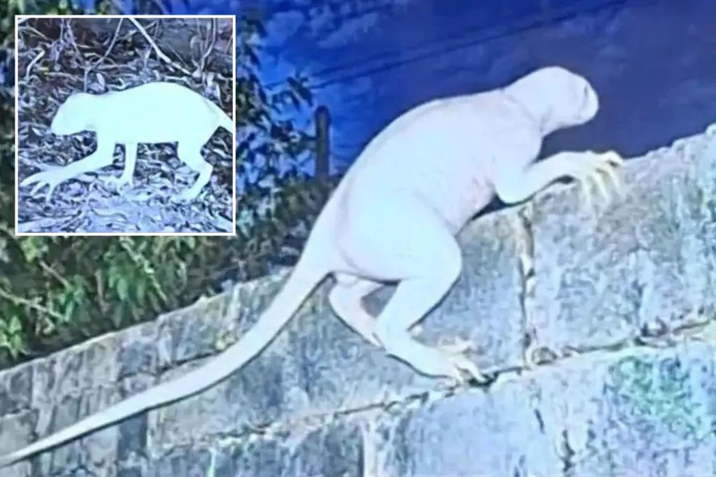 TaraBull's tweet photo. Mysterious bald beast with long limbs & tail terrorizes farms near Mexican border ‘snatching animals in its jaw before vanishing’

A pale, hairless creature roughly 6 feet long has been filmed scaling walls and moving on all fours near Ciudad Juárez, Mexico, right by the US border. 

CCTV footage shows a round headed animal with elongated limbs, spindly fingers, and a long tail crawling and climbing brick walls.