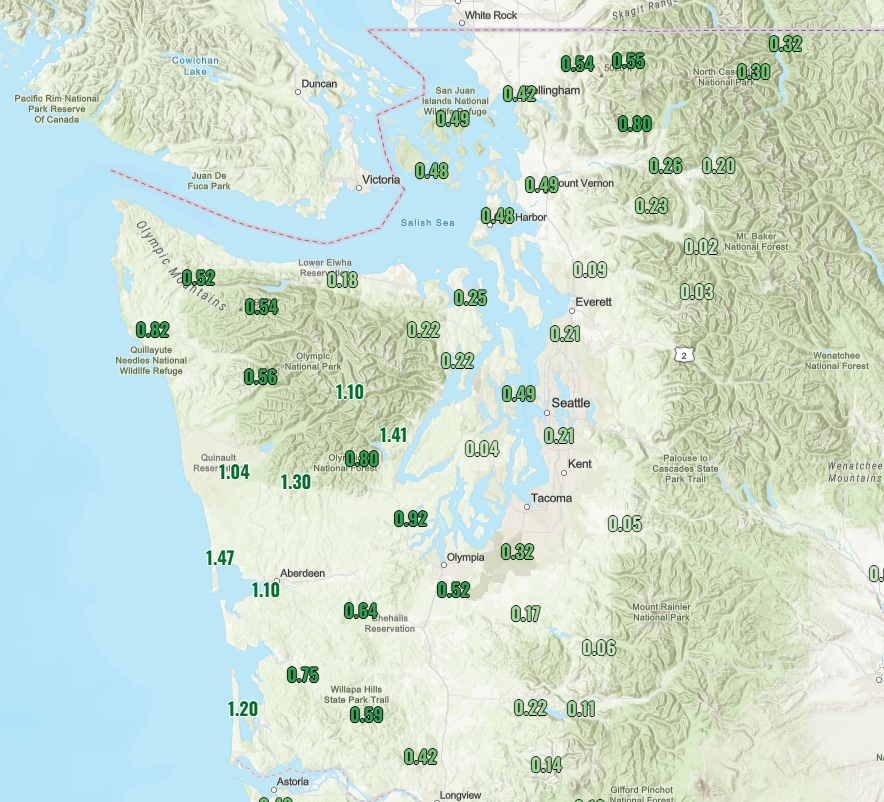NWSSeattle's tweet photo. Rain has returned to Western Washington! Radar shows steadier rain moving east from Puget Sound into the Cascades. Showers also continue at times today along the coast with a system offshore. Rain amounts over the last 24 hours ranged 0.20-0.50" across most of Puget Sound #WAwx https://t.co/S4lyaEj64a
