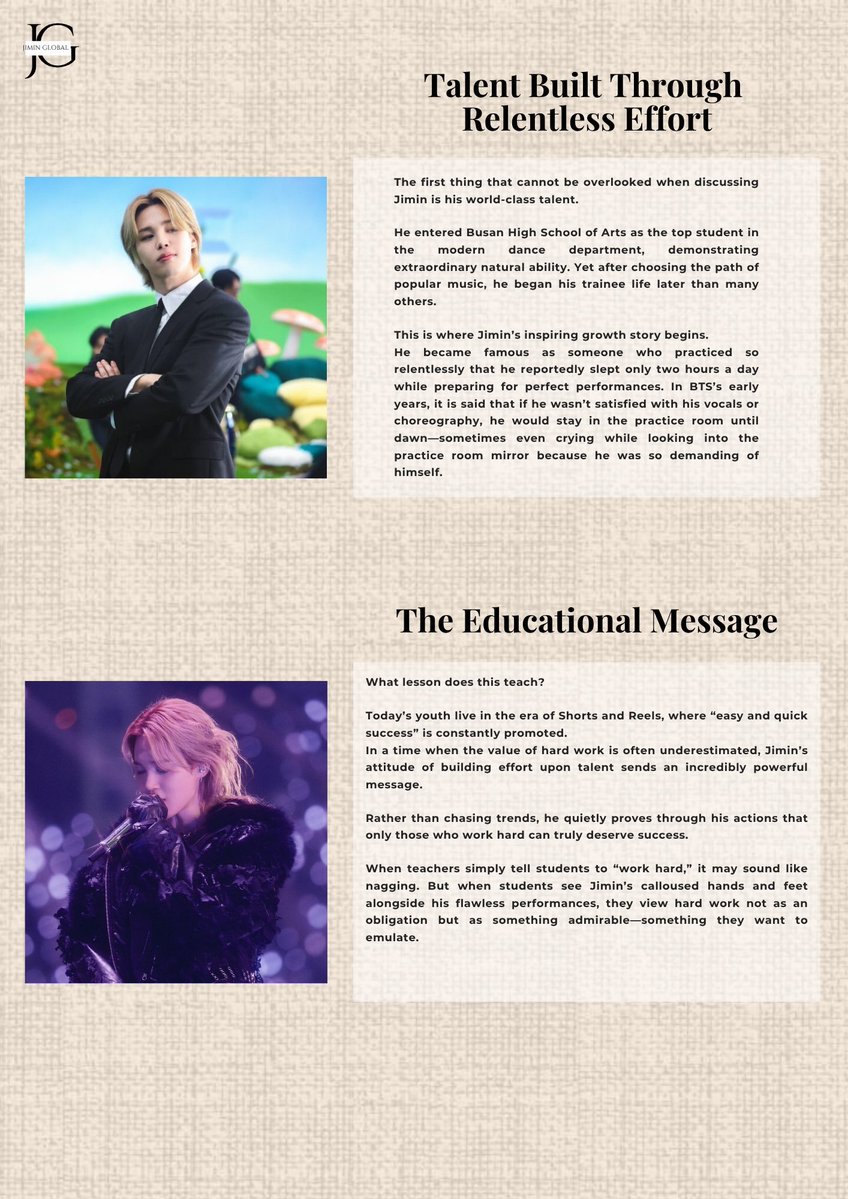 JiminGlobal's tweet photo. Joongang Education News covered Jimin’s influence that extends far beyond music.

It highlighted that Jimin's relentlessness, kindess, compassion, humility and authenticity embody the very values schools strive to instill in young people, making him a powerful role model.

#TheJiminEffect
#지민이펙트