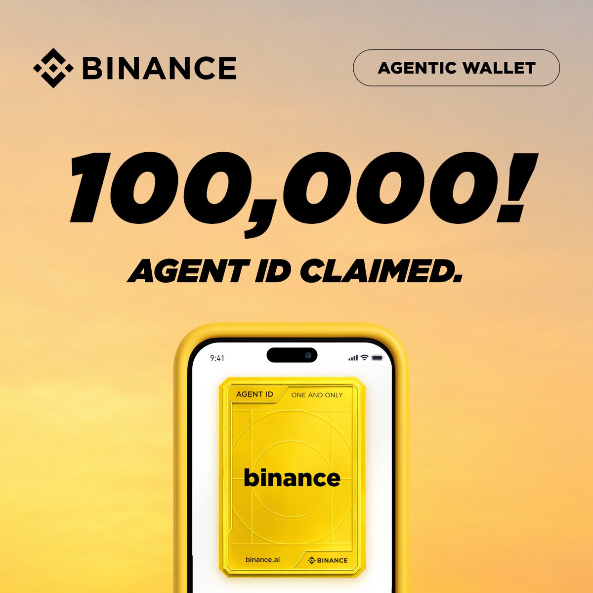 BinanceWallet's tweet photo. Agent ID claims have surpassed 100,000! 🎉

100,000 unique identities. 100,000 personal stories behind. This is just the beginning.

Don't have yours yet?
👉 Binance Wallet App → homepage Agent ID banner → enter your name and claim yours for free

Share your Agent ID story for surprise rewards 👇