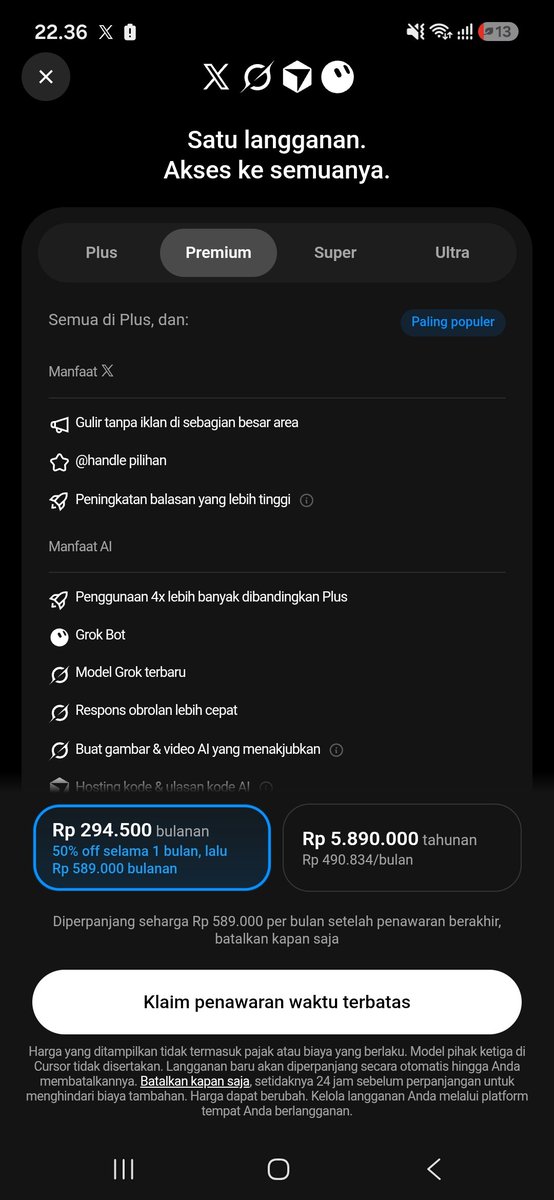 Mardiant_4's tweet photo. Jujur kaget liat langganan x sekarang harganya naik 6x lipat, tapi paket yg ditawarkan banyak juga sih https://t.co/odSb3xKyEF