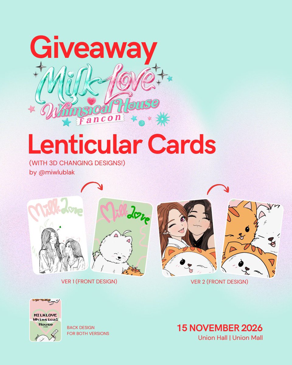 miwlublak's tweet photo. rts &amp; likes are appreciated♡

💚giveaway for #MilkLoveFancon💖

project by: me🥩

lenticular photocards
💚💖version: 45pcs
💚💖🧡version: 45pcs

📍Union Hall, Union Mall
🗓️15th Novemver 2026
⏰TBA

‼️first come, first serve. randomised‼️
✉️DM for exchange. https://t.co/vDjk9JHNwz