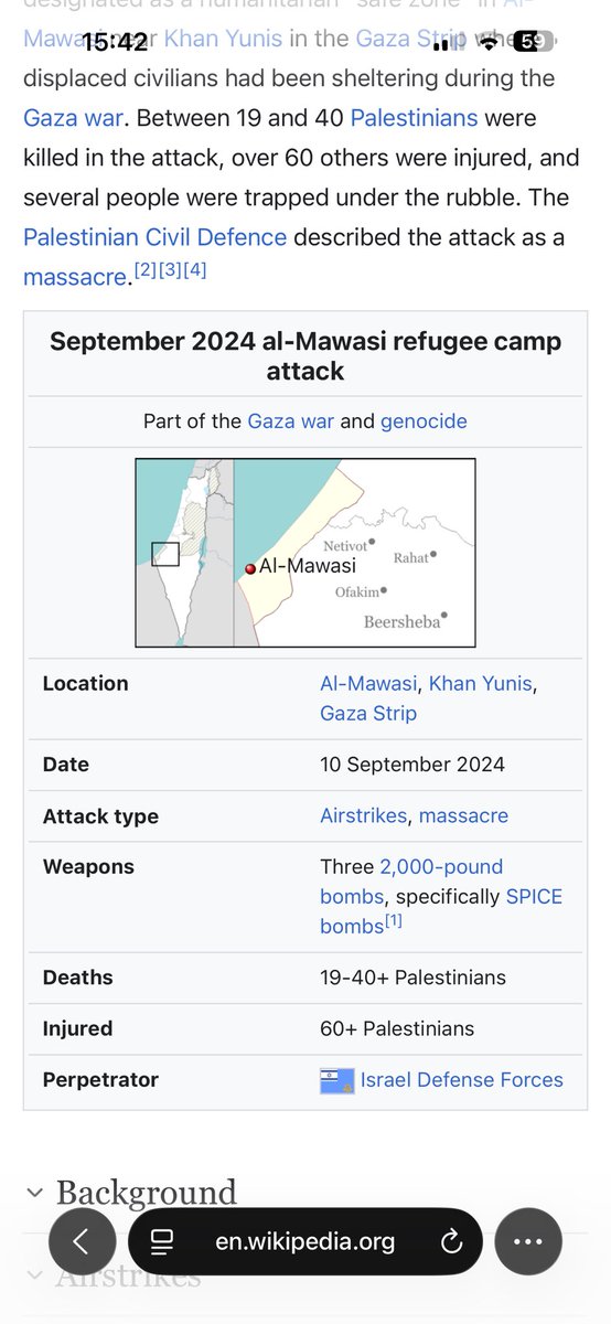 ZIYADLOGOS's tweet photo. @fleur_de_irk @DavidJJonesUK @MahyarTousi @LinaTruthSeeker Sure on Wikipedia. It’s a well documented attack. 

I didn’t know this but the IDF actually used three 2000 pound bombs on a tent encampment. Which is complete insanity and idk how you can’t admit that. Dozens were killed and more injured. https://t.co/6xEcVaYyrm