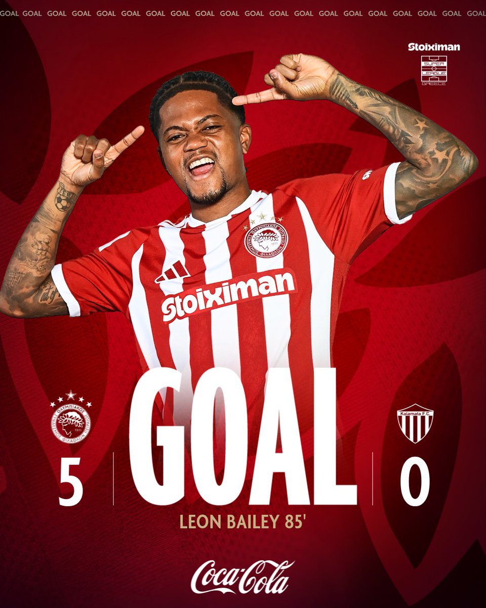 olympiacosfc's tweet photo. 85': ΓΚΟΛ για την ομάδα μας με τον Μπέιλι και 5-0! / 85': GOAL for Olympiacos! @leonbailey scores! 5-0!

#OlympiacosFC #OLYKAL #slgr https://t.co/mF7T0EdFPv