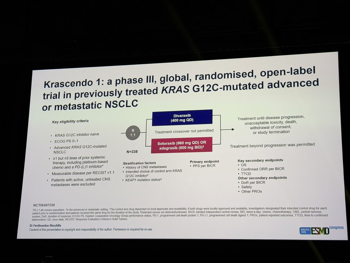 Tony_Calles's tweet photo. 💊 Sotorasib and adagrasib were fundamental proof of concept drugs approved for a clear unmet need even none of them never demonstrated overall survival benefit. 
🤯 Today those drugs are part of the past in oncology history. 
Divarasib improve ORR, PFS and OS in previously treated KRAS G12C mutant NSCLC with a better safety profile in Krascendo1 Ph3 randomized clinical trial. 
Kudos to @Roche to conduct a F2F trial. 
#ESMO26 #LCSM