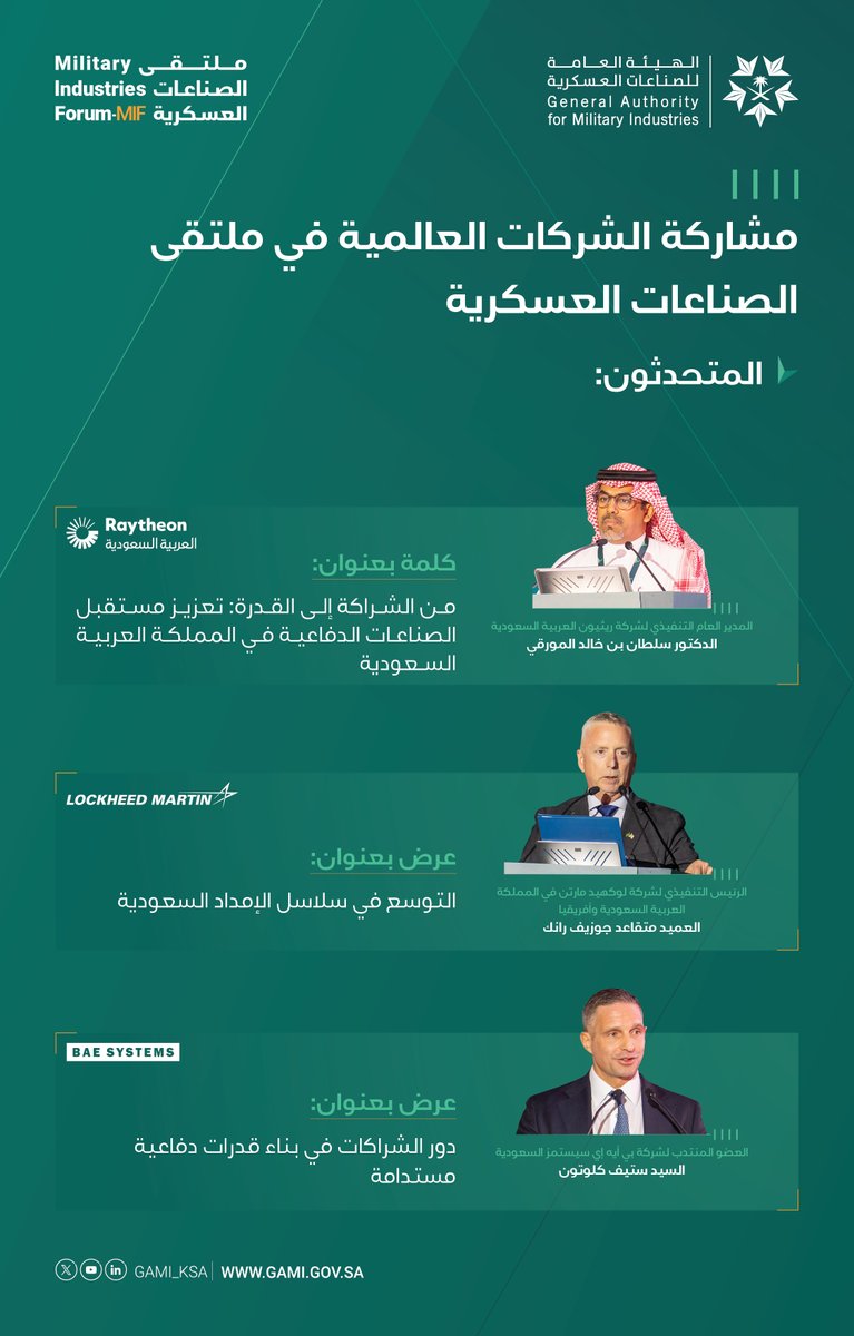 GAMI_KSA's tweet photo. ضمن أعمال #ملتقى_الصناعات_العسكرية، قدمت الشركات العالمية في القطاع رؤى تعزز مسيرة التوطين وترسم ملامح مستقبل الصناعات العسكرية، من بناء القدرات العسكرية وتوسع س��اسل الإمداد، وصولًا إلى تعزيز الشراكات الداعمة لنمو القطاع واستدامته.
#توطين_الإنفاق_العسكري https://t.co/3PD2cZp2U4