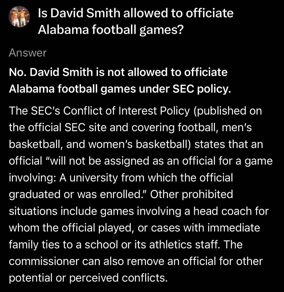 ZeroContextVols's tweet photo. So he can’t officiate Alabama games but he can officiate against their biggest rival. LMAO.

Fix your corrupt ass league @GregSankey @SECOfficiating https://t.co/YZoKlEePfJ