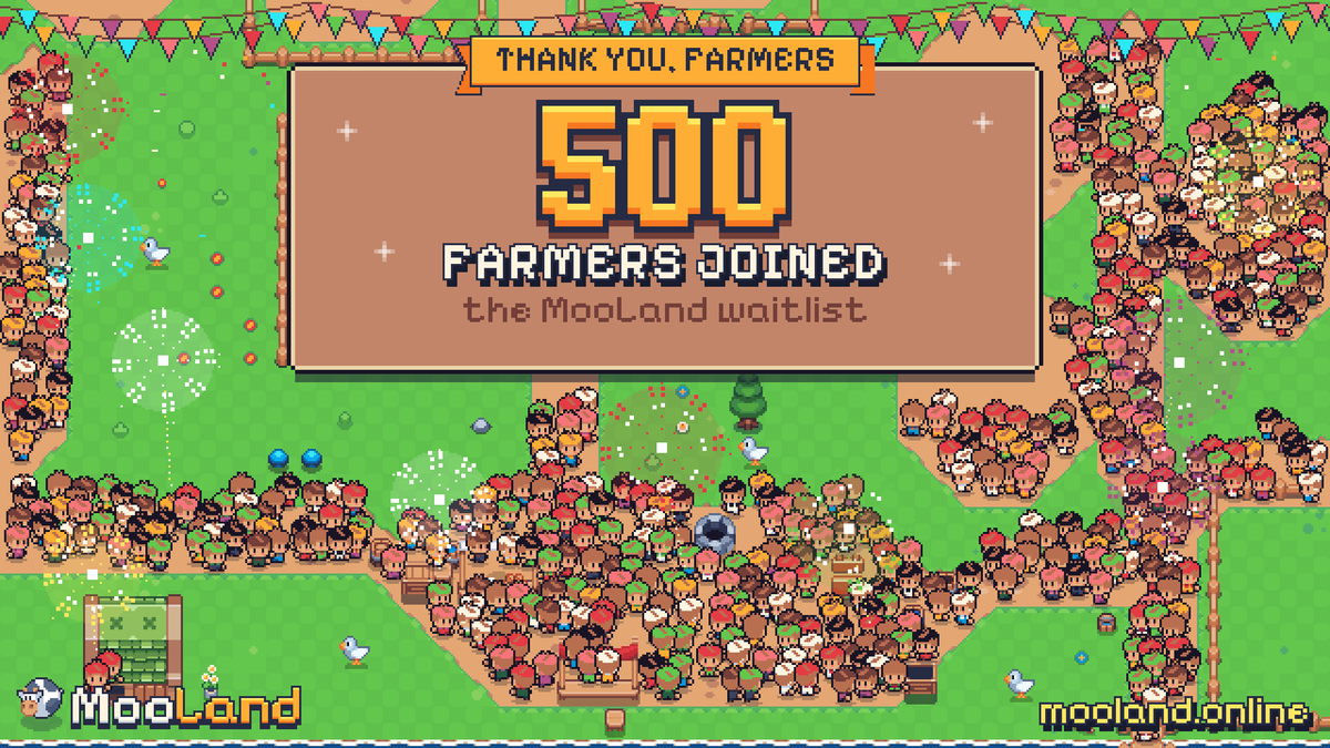 PlayMooLand's tweet photo. 500 farmers have joined the MooLand waitlist.

Thank you for building this valley with us. Everyone who joins before launch becomes a Founding Farmer, and those perks close the day the game opens.

Join here: https://t.co/5Hc35C6lna https://t.co/UDNYDAwdKf