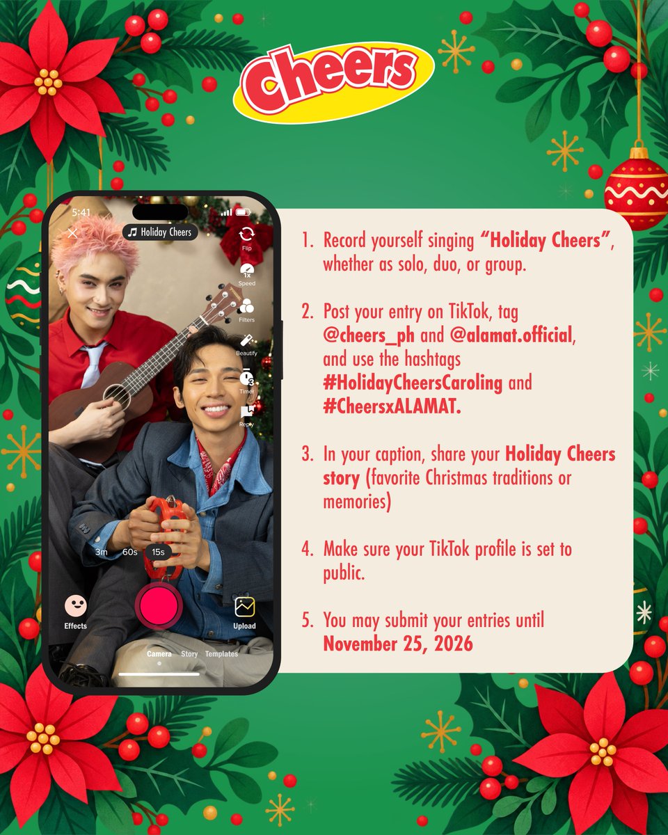 cheers_ph's tweet photo. Let your voices spread the Holiday Cheers! 🎄

Join our Caroling Contest! 🎤🎶 Sing the jingle solo, as a duo, or with a group for a chance to win exciting prizes! 🎁

Check out the mechanics below!

🎧 Watch the lyric video: https://t.co/eTQjL1whlW https://t.co/qjIxkGTvqO