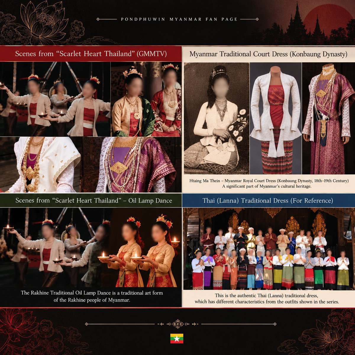 Tzaeatingpizza's tweet photo. Myanmar people have always given proper credit to Thai culture and food. Yet GMMTV uses our cherished traditional costumes without credit, simply labeling them as “fictional.”

#RecognizeMyanmarCulturalHeritage
#CulturalCreditMatters https://t.co/zGyH61FmDV