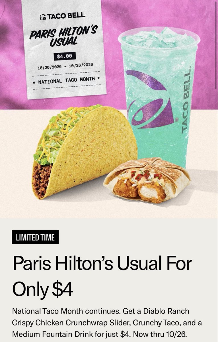 ViaperII's tweet photo. How is this Paris Hilton’s usual? They always have chicken nugget crunchwraps? https://t.co/kOipmAppcP