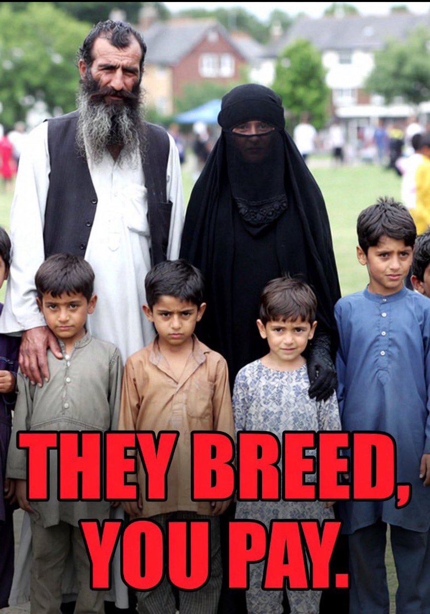 TheBritLad's tweet photo. Britain is £2.9 Trillion in debt.

£260M per day. £1.82 billion per week.

Interest payments on the debt are £120. Billion PER year alone.

Muslims with 5-10 kids get benefits PER child. And some have 2-3 wives who claim.

63% of Muslim women DO NOT WORK.
40% of Muslim men DO NOT WORK.

They breed. You pay.

The only way to fix the debt crisis is to start deportations and strip them all of benefits.