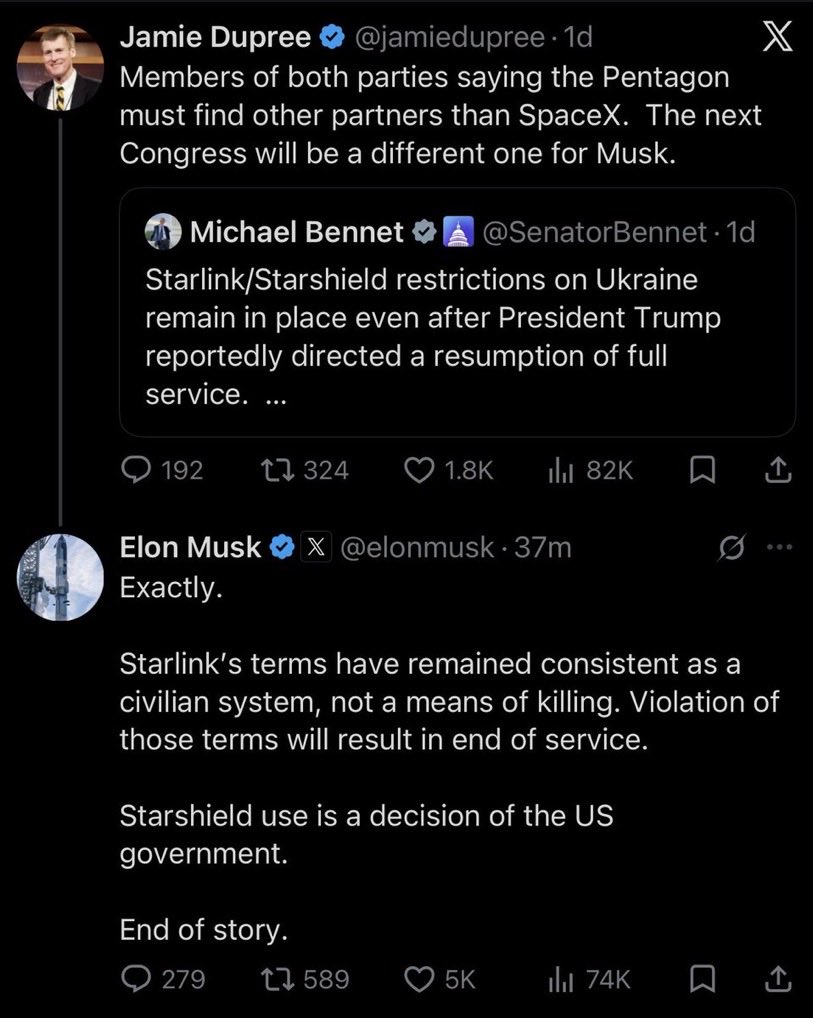 lrozen's tweet photo. 🧵Musk’s explanation here doesn’t add up. Ukraine’s strike targets did not change in October, far as I know. &amp; Musk says Starlink terms of service did not change. So why did Musk suddenly throttle Starlink in October, coincidentally right when Trump announced his RU diesel deal? https://t.co/EGMbMzJEVm