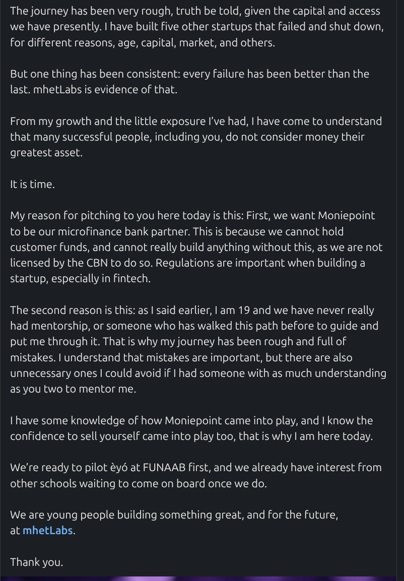 mishaelishola_'s tweet photo. this is how it started, yesterday.

i pitched to the CEO of moniepoint. https://t.co/3ICbwVLk6H