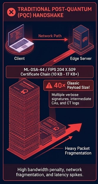 PakCryptOrg's tweet photo. Post-quantum cryptography was on track to destroy TLS performance—until now.

Replacing classical ECDSA with NIST's post-quantum signature standard (ML-DSA-44 / FIPS 204) inflates TLS 1.3 handshake signature payloads by up to 40× (2,420 bytes vs. 64 bytes). 
Stack a multi-level X.509 certificate chain on top, and network packet fragmentation degrades latency across the entire Web PKI.Cloudflare’s production deployment of Merkle Tree Certificates (MTCs) completely re-architects how edge servers prove identity to clients. 

Here is the technical breakdown of how it works:
1️⃣ The Architecture Shift: Instead of serving verbose X.509 certificate chains during every handshake, MTCs aggregate issued certificates into a central append-only Merkle tree.

2️⃣ Signed Tree Heads (STHs): The Certificate Authority periodically signs only the root hash—the STH—which clients maintain and update out-of-band.

3️⃣ $\mathcal{O}(\log N)$ Proof Compression: During the TLS 1.3 key exchange, the server presents only a compact Merkle inclusion proof verifying its slot in the active tree.

4️⃣ Payload Elimination: The handshake proof stays strictly under 1 KB, entirely bypassing multi-KB PQC cert chain bloat.

The Result? Real-world telemetry across billions of Chrome sessions demonstrated a 9% reduction in median TLS handshake latency compared to classical X.509 chains.Merkle Tree Certificates prove that transitioning to Post-Quantum Cryptography doesn't have to mean sacrificing global edge speed. 🧵🔒

#Cryptography #CyberSecurity #PostQuantum #TLS #WebPKI #Cloudflare
