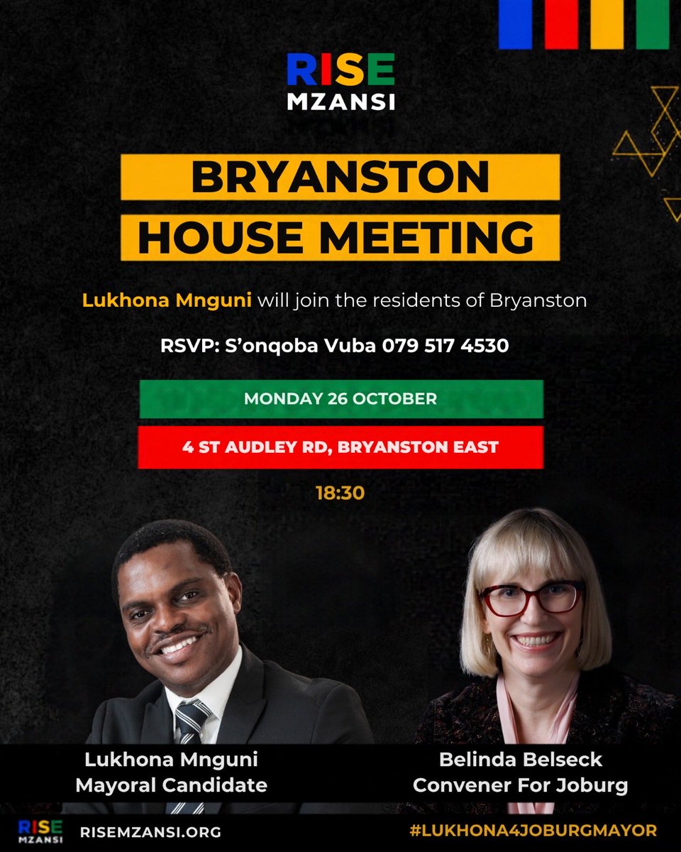RobynPorteous's tweet photo. For all those who call Bryanston home, come and meet @MNGUNI4Joburg tomorrow and find out why he’s the perfect candidate to serve as the next mayor of Jozi 💙❤️💛💚 #WeNeedNewLeaders https://t.co/yuexm4WCVB