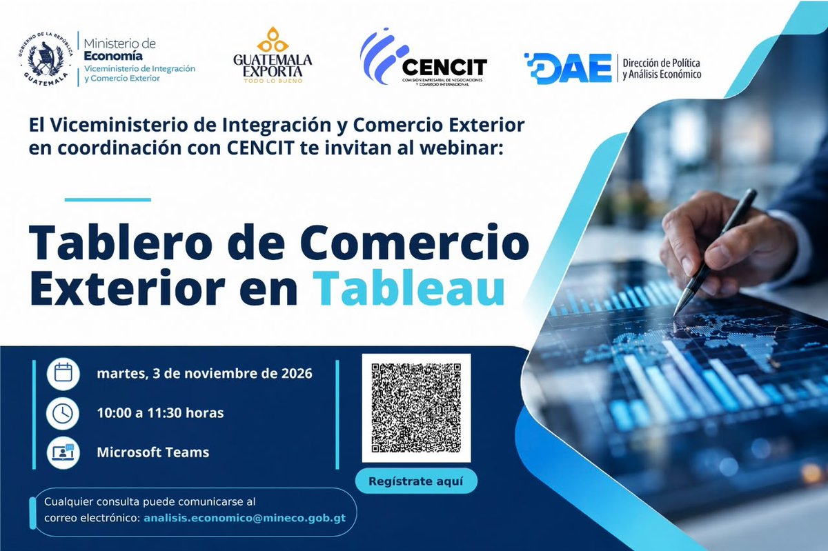 MINECOGT's tweet photo. El comercio exterior avanza y seguimos generando herramientas para facilitar decisiones. 

Desde el Viceministerio de Integración y Comercio Exterior, continuamos poniendo a disposición herramientas que facilitan el acceso a información estratégica para la toma de decisiones comerciales.

Con el Tablero de Comercio Exterior, las empresas, productores y emprendedores pueden consultar datos sobre exportaciones, importaciones, productos y socios comerciales, identificar oportunidades de mercado y orientar sus estrategias de internacionalización.

En coordinación con @CencitG, te invitamos a participar en la capacitación virtual “Tablero de Comercio Exterior”, donde conocerás cómo consultar y aprovechar datos sobre exportaciones, importaciones, productos y socios comerciales para tomar decisiones informadas.

📆 Fecha: martes 3 de noviembre de 2026
🕣 Hora: 10:00 a 11:30 horas
💻 Modalidad: Microsoft Teams
🔗 Regístrate : https://t.co/h4RoFYnW34

Seguimos trabajando para que el sector productivo cuente con más herramientas, fortalezca sus capacidades y aproveche nuevas oportunidades en los mercados internacionales.