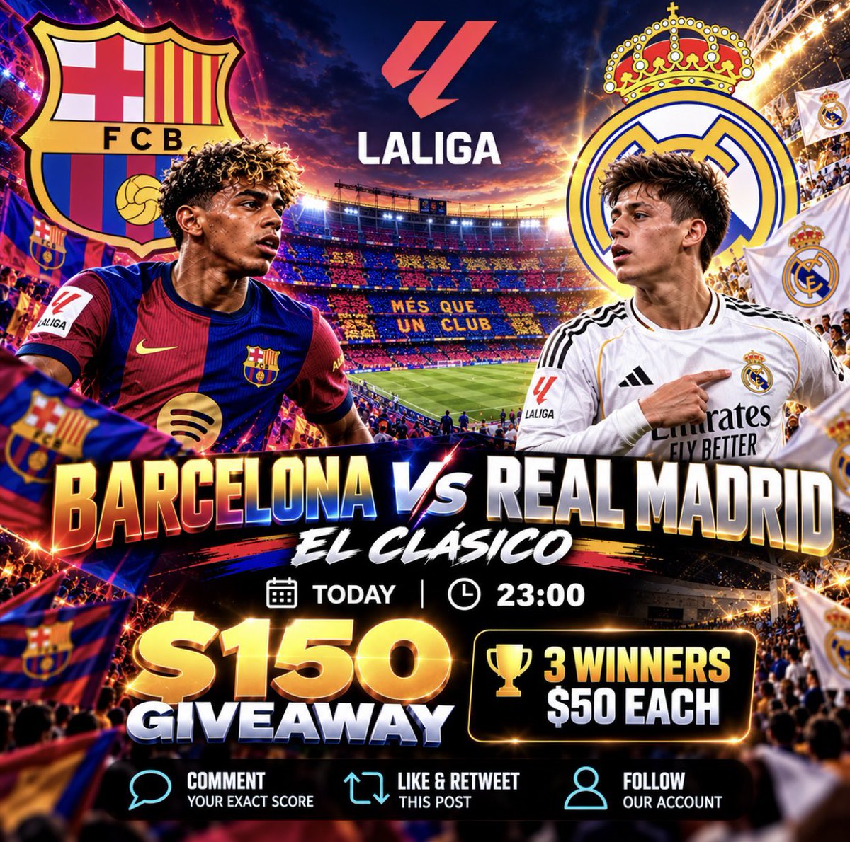 kriptosolhunter's tweet photo. 🎁EL CLASİCO SKORUNU DOĞRU BİLEN 3 KİŞİYE 150$💰

🟢Bu gece 23:00’da başlayacak
#Barcelona - #RealMadrid maçının skorunu doğru tahmin eden 3 kişiye 150$ hediye ediyorum⚽️

🟢Gönderiyi BEĞEN,RT yap ve skor tahminini yoruma yaz👇

🟢Maç bitince kazananları açıklarım👀
 #ElClásico https://t.co/CL4bVD7VUX