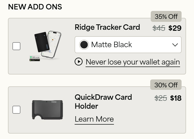 MorrowFunnels's tweet photo. Below the kits, two add-ons with a checkbox. One tap adds them, no new page.

Read the line under the tracker card: "Never lose your wallet again." It sells the fear of losing the thing you are about to buy. https://t.co/m460WkQwWB
