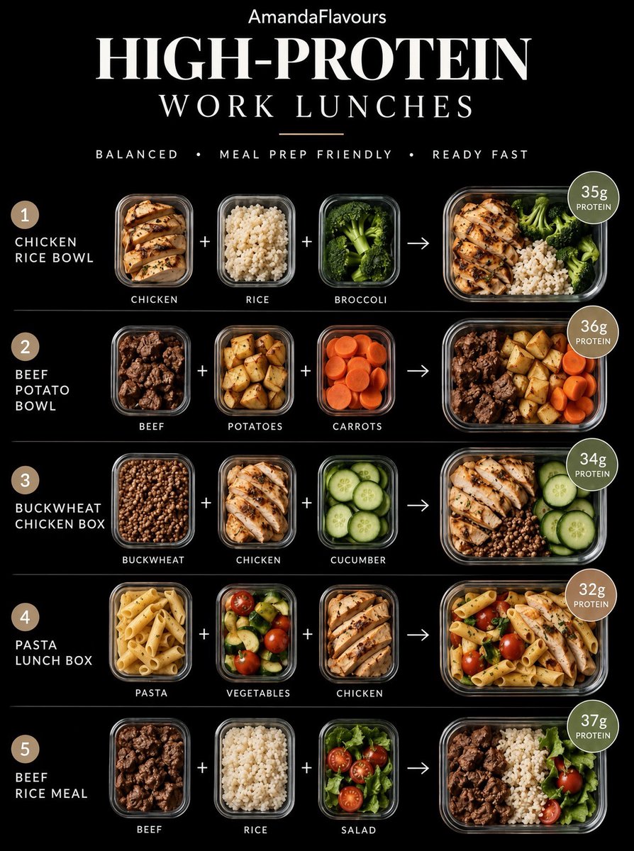 AmandaFlavours's tweet photo. Busy schedule? These high-protein work lunches are built for it.
 Prep the proteins, grains, and vegetables once. 

Combine in 5 minutes,  32–37g protein per meal, balanced macros, and zero daily cooking. Make life easier without compromising nutrition👇 https://t.co/jMd7NofprC