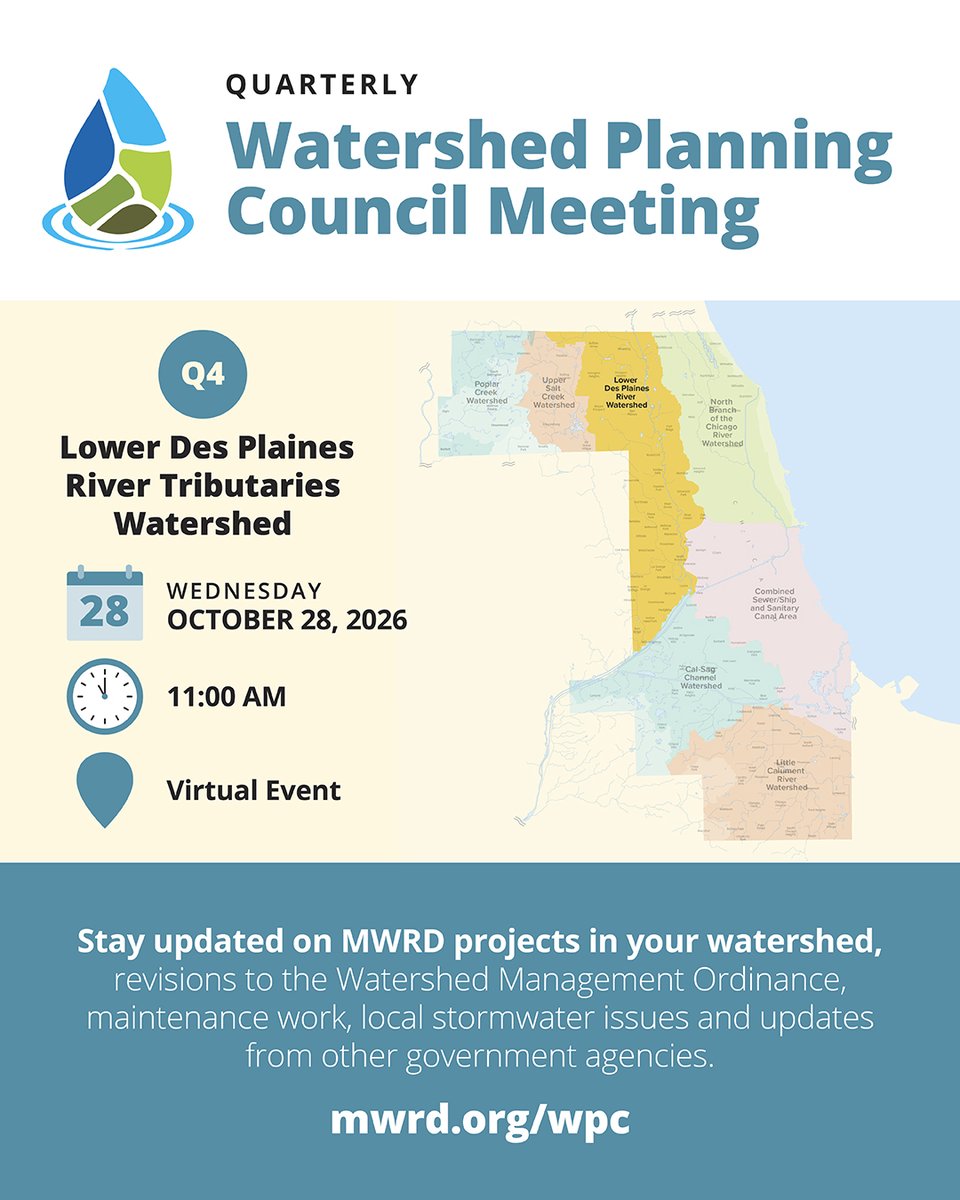 MWRDGC's tweet photo. Join us on Wednesday at 11:00a.m. for the Lower Des Plaines River Watershed Planning Council Meeting. 

Details &amp; meeting link: https://t.co/lMXslzcV2M

🌊 United States Army Corps of Engineers Grant Offerings @usacechicago

https://t.co/GVyJlDx1Ao

#MWRD #CookCounty #watershed https://t.co/LdAWIEyNHe