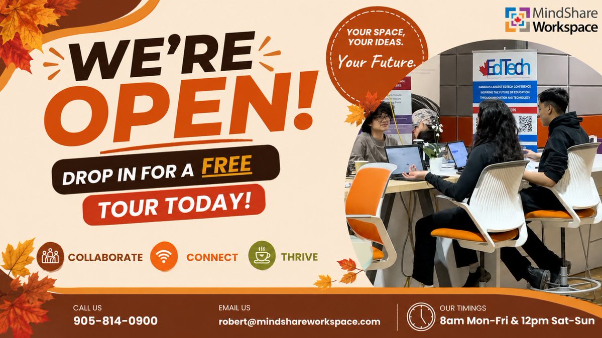 MindShareWork's tweet photo. 🚀 We’re OPEN! Your next big idea needs the right space to grow. Enjoy high-speed WiFi, modern workspaces, and a community built for entrepreneurs. Visit us inside @erinmillstown and book your FREE tour today!
@mindsharelearning #MindShareWorkspace #Coworking #Mississauga https://t.co/YXzRCzHkYN