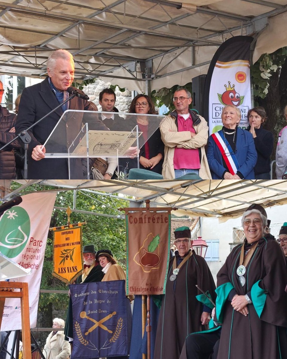 Prefet07's tweet photo. #Territoire | Castagnades : l’Ardèche célèbre son fruit emblématique !
 
Ce dimanche, Benoît Trévisani, préfet de l’Ardèche, s'est rendu à la Castagnade d’Antraigues-sur-Volane, rendez-vous de l'automne incontournable pour célébrer la châtaigne, patrimoine emblématique de l'Ardèche.
Cette édition des castagnades a été l'occasion de fêter les 20 ans de l’AOP Châtaigne d’Ardèche, qui valorise le savoir-faire des producteurs et garantit la qualité de cette production traditionnelle.
 
🌰 Première filière française, la castanéiculture ardéchoise représente près de 1 000 emplois à temps plein. Elle contribue à l’économie locale, à l’entretien des paysages et à la préservation d’un patrimoine agricole vivant.
 
Après la Castagnade de Privas, à laquelle Amelle Ghayou, secrétaire générale de la préfecture, a participé, et celle de Joyeuse où était présente Françoise Piterboth, sous-préfète de Largentière, cette nouvelle rencontre témoigne de l’attention portée par l’État à cette filière essentielle pour l’Ardèche. Cette mobilisation se poursuit également sur le terrain. En octobre, le préfet s’est rendu dans une châtaigneraie pour sensibiliser aux vols de châtaignes et rappeler l’importance de protéger le travail des producteurs.
Face aux difficultés rencontrées cette année, notamment en raison de la sécheresse et de la baisse attendue de la récolte, l’État reste mobilisé aux côtés des acteurs de la filière pour accompagner les producteurs et contribuer à la pérennité de cette activité.
 
🌰 Célébrer la châtaigne d’Ardèche, c’est valoriser un savoir-faire, soutenir une économie locale et préserver l’identité du territoire.
