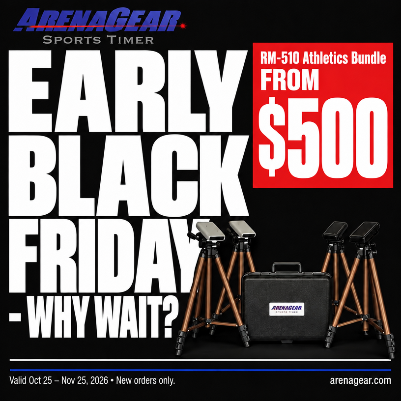 ArenaGearTimers's tweet photo. Early Black Friday: the RM-510 Athletics Bundle is now FROM $500 – why wait? Trusted by thousands of pro teams, universities and schools. Football, track &amp; field, sprints, agility &amp; combine. Valid Oct 25 – Nov 25, 2026, new orders only. https://t.co/7k3DxrY7R8 #BlackFriday https://t.co/JbcOAoSInR