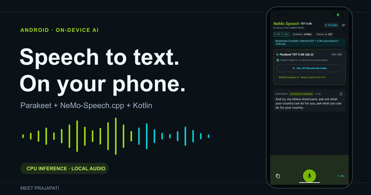officialmeetp's tweet photo. NVIDIA's Parakeet speech model, running fully offline on an Android phone with no cloud involved. The post covers the setup, benchmarks, and how live captions perform on-device.

Blog: https://t.co/f0VBvPc2nU

#Android #OnDeviceAI #SpeechRecognition #Kotlin https://t.co/QfM22sxW3b