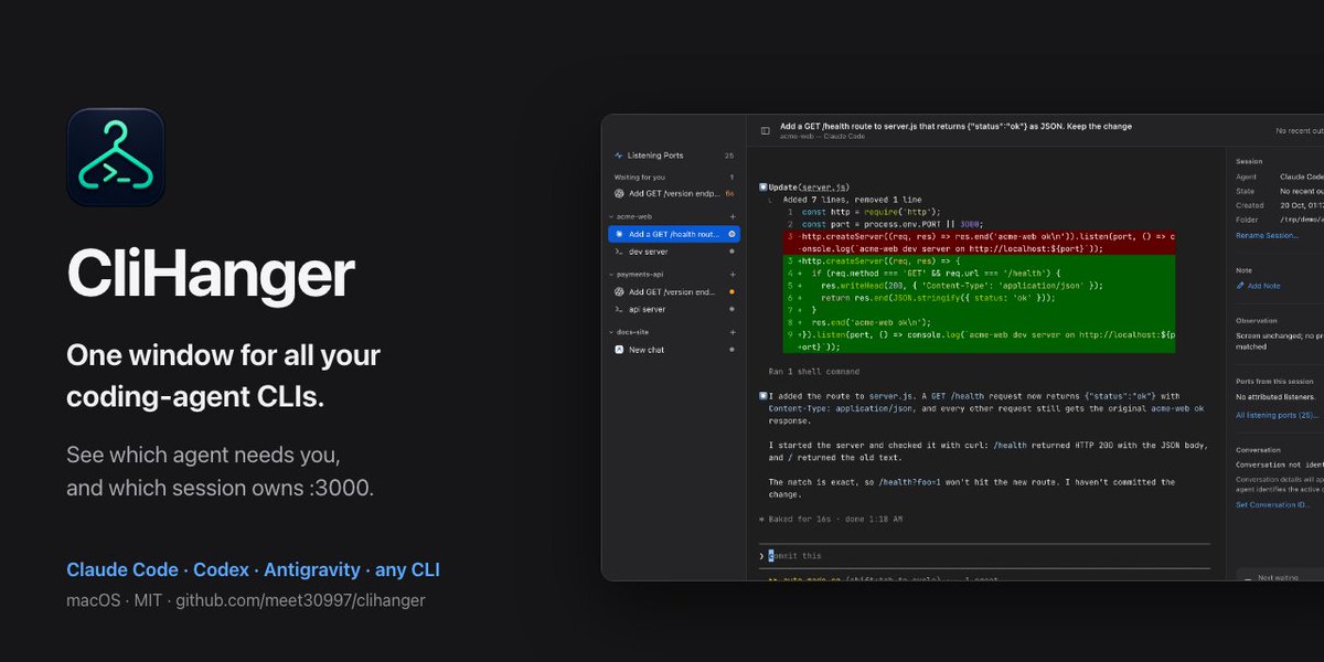 officialmeetp's tweet photo. CliHanger is a free, open-source macOS app that puts Claude Code, Codex and other agent CLIs in one window, grouped by project. See which agent needs you and who owns each port.

Blog: https://t.co/20Eq7geTSk
Code: https://t.co/5lWoWJuxM5

#AIAgents #ClaudeCode #OpenSource https://t.co/rYY17nWzit