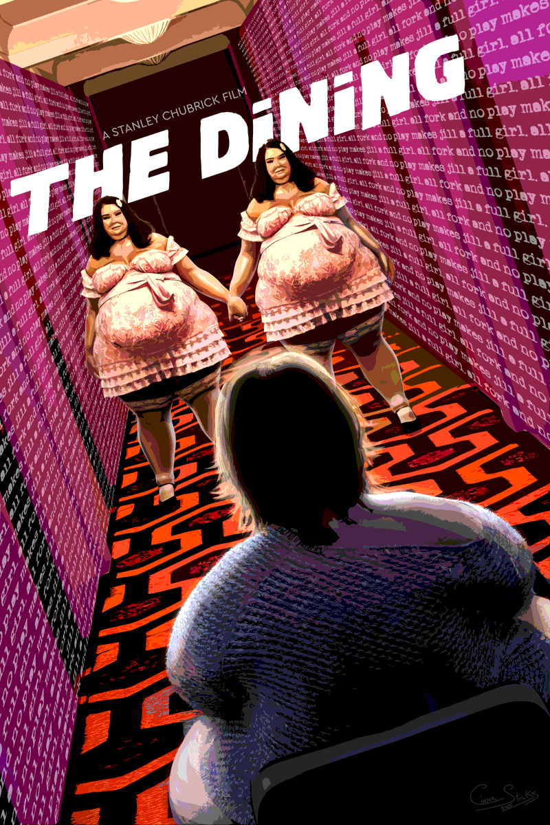 cinnasticks3d's tweet photo. Today's poster is based off a couple different posters from The Shining. Instead of the kid on the trike, we have a fatty on a mobility scooter, and it looks like in this universe, the twins are a pair of adult fatties menacingly waiting to send you to the cafeteria. https://t.co/SPdP2btLYc