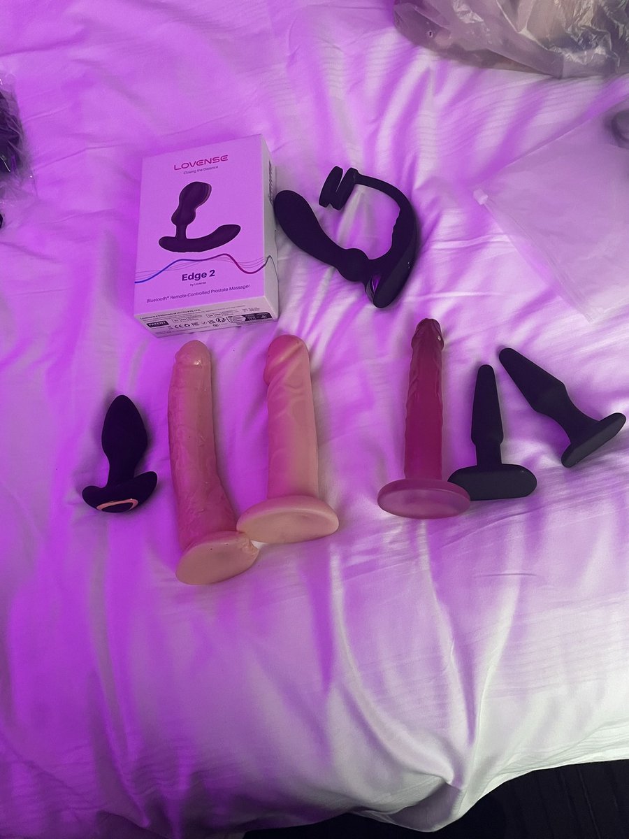 WIntights's tweet photo. Just about all my toys. Just missing one butt plug and my latex masturbator. I managed the 7.5” dildo on Friday for the first time. Felt SO full. Third pic is me sitting on it. https://t.co/bfBOWpr1UG