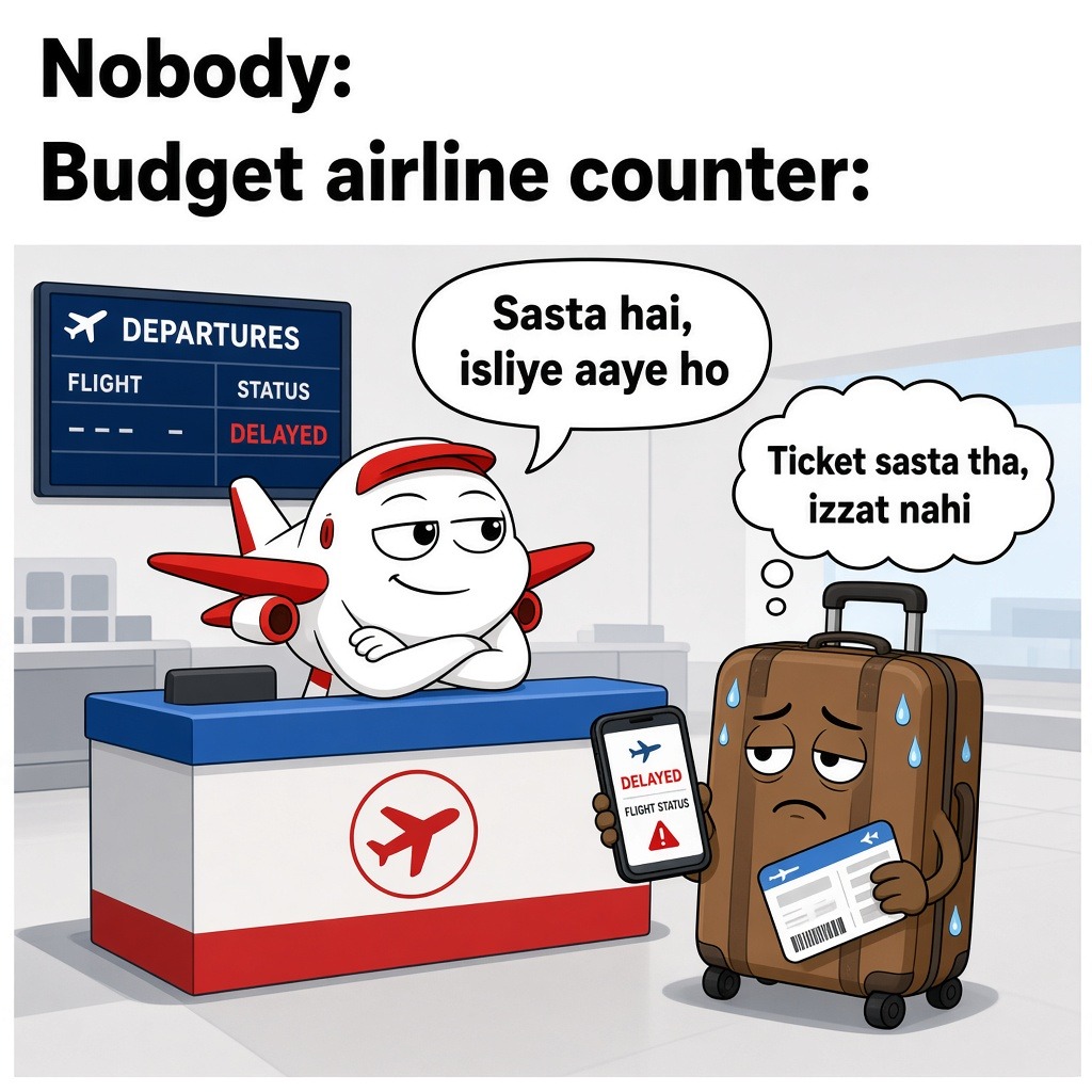 92teejus's tweet photo. Ticket sasta tha, izzat nahi 😤 SpiceJet counter ka "sasta hai, isiliye aaye ho" clip dekh ke har budget flyer triggered. Aapki worst delay story kya hai? #SpiceJet https://t.co/K42JDtzzb5