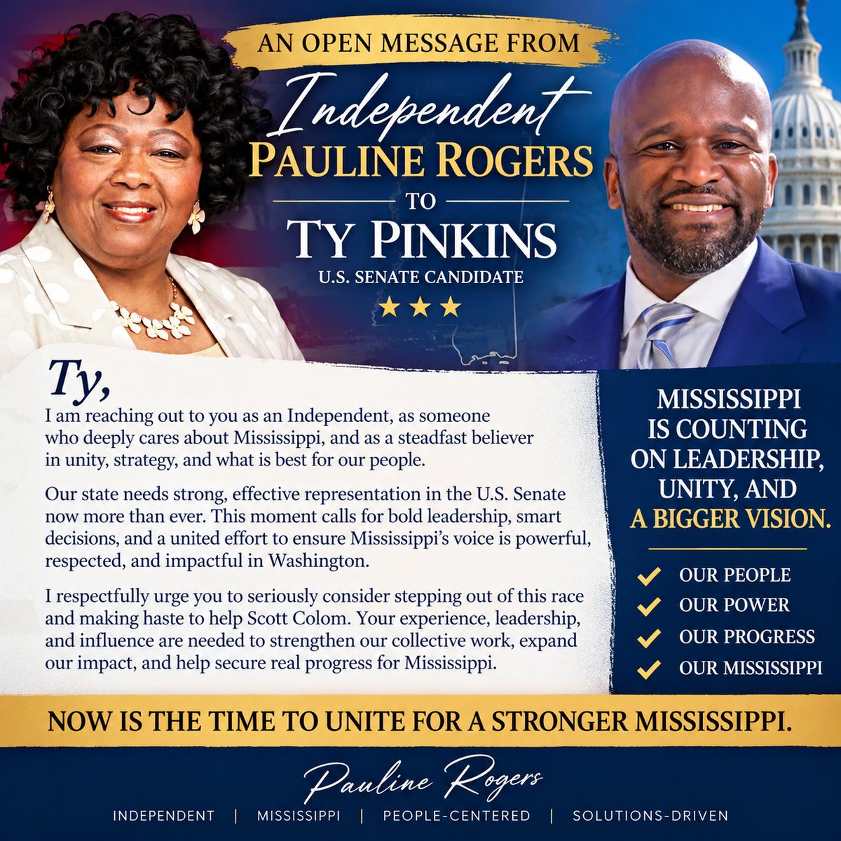 rechpauline's tweet photo. Pauline Rogers to Ty Pinkins, supporters and funders I plead with you make history for the right reason. Make Mississippi first about people not politics. Let's collectively support Scott Colom
#TyPinkins #MississippiFirst #LeadershipMatters #UnityForProgress #PeopleOverPolitics https://t.co/XGdtRXSIfA