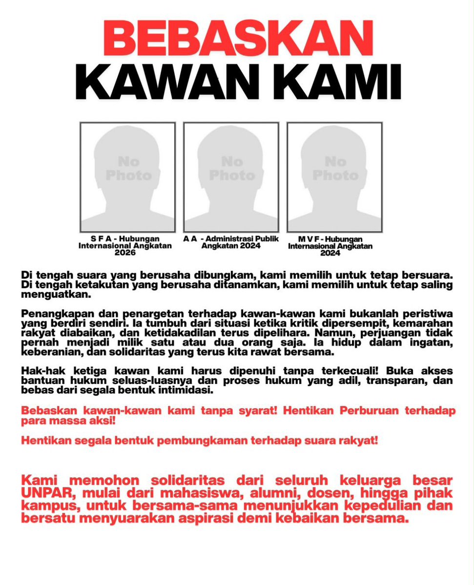 bourdyu's tweet photo. For anyone scrolling through the qrts,
TIGA MAHASISWA BANDUNG DITANGKAP PASCA AKSI DEMO 20 OKTOBER DAN BELUM DIBEBASKAN HINGGA SEKARANG. https://t.co/i24yofkwmF