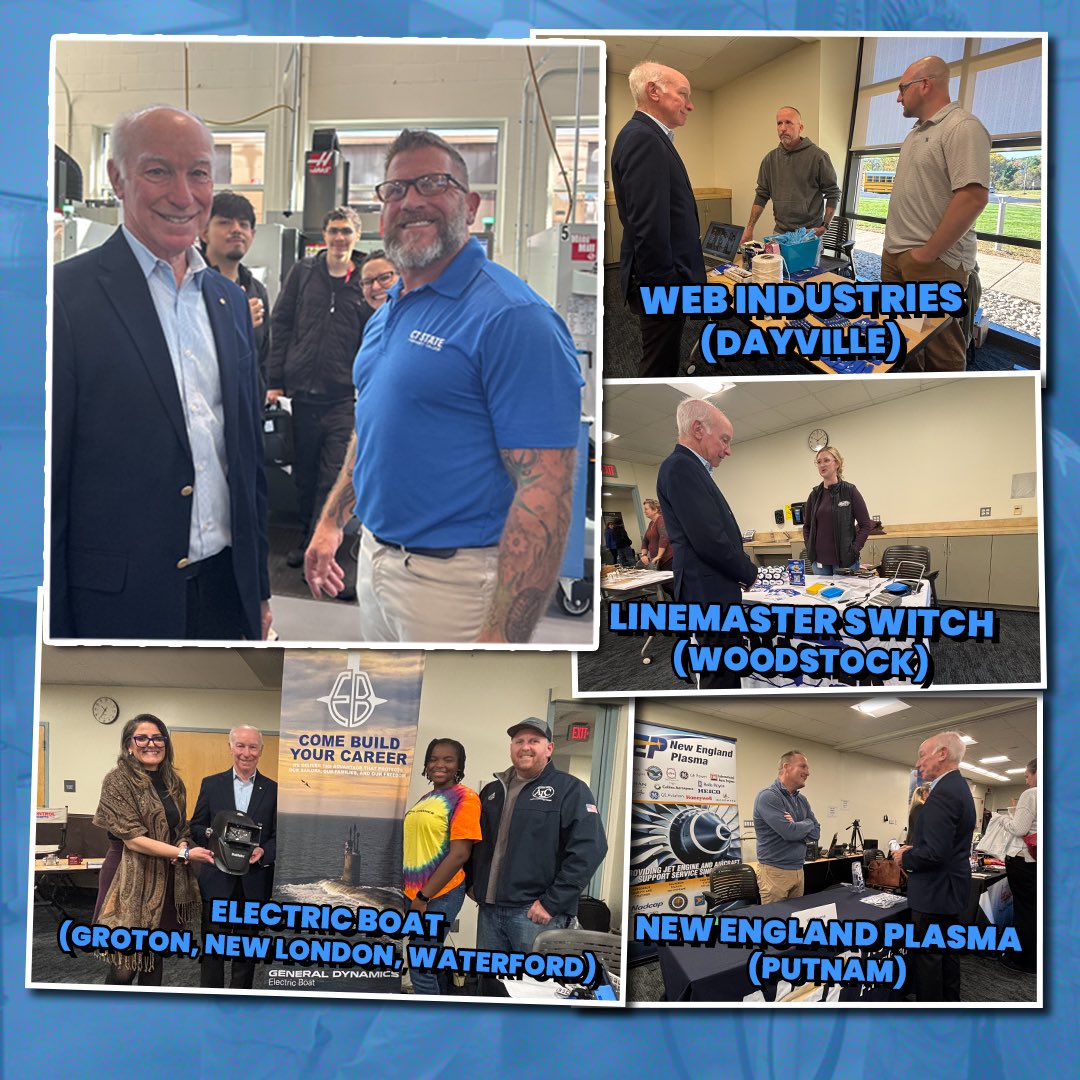 A collage of photos shows an older man visiting several workplace and career-fair settings, speaking with employees and posing with groups. Each photo has a bold blue caption naming a company and location. The collage has a blue patterned background and white photo borders.